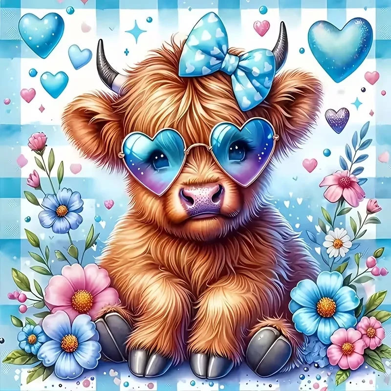 A fluffy brown calf with a blue bow and heart-shaped sunglasses surrounded by colorful flowers and sparkles.