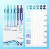 A set of six blue and teal retractable gel pens with 0.7mm tips displayed next to a grid for writing practice.