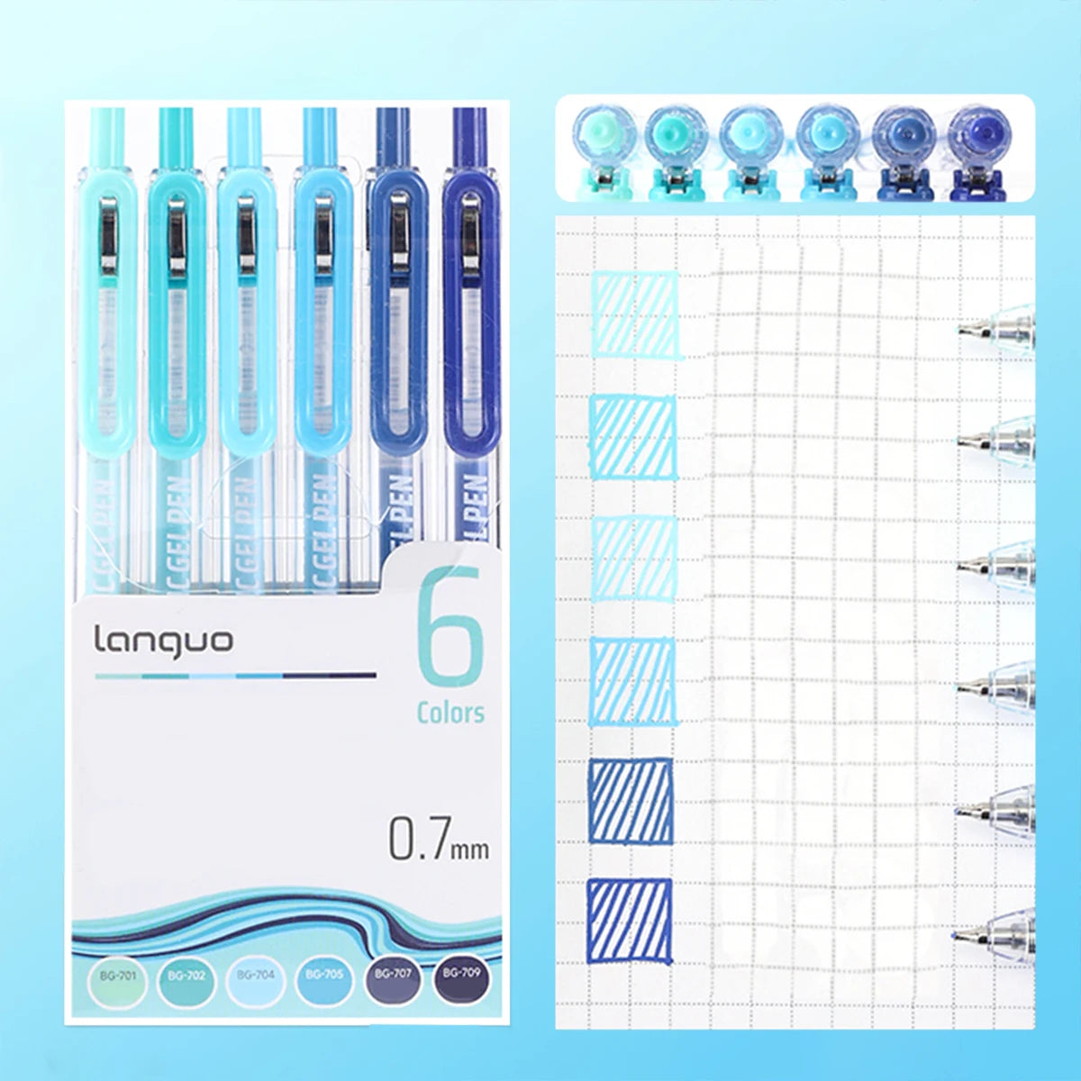 A set of six blue and teal retractable gel pens with 0.7mm tips displayed next to a grid for writing practice.