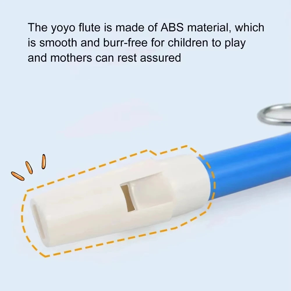 A close-up view of a blue slide whistle toy made of ABS material with a white mouthpiece.