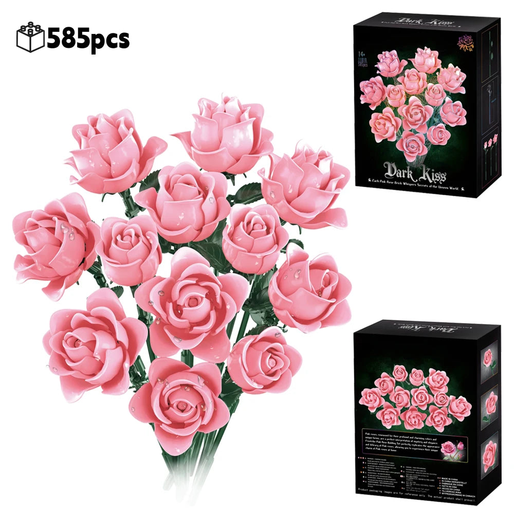 A bouquet of pink roses made from building blocks, packaged in a box.