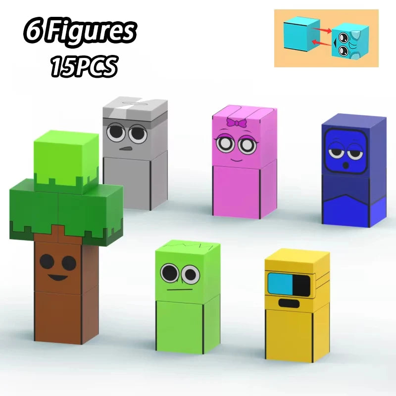 A set of six colorful magnetic building blocks in various shapes and colors, including green, pink, blue, and yellow.