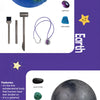 A colorful educational kit showing various celestial bodies like Earth, Moon, and Neptune with rocks and tools.