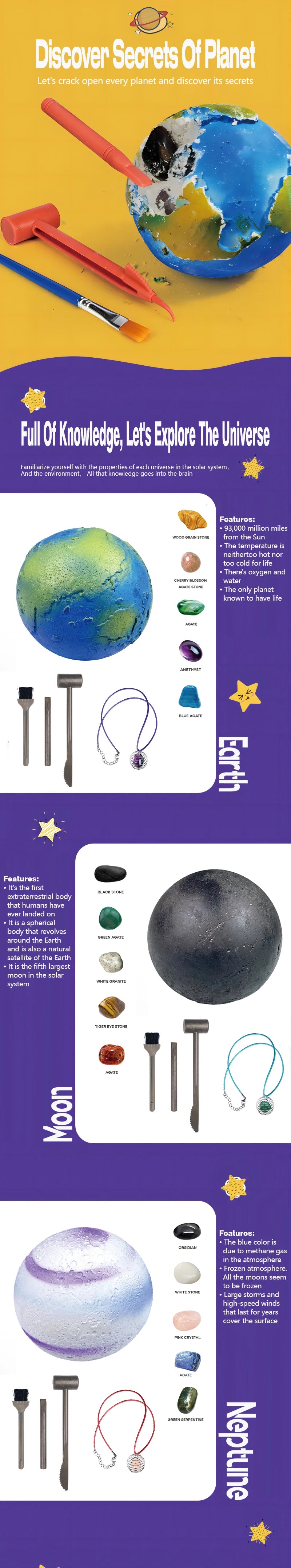 A colorful educational kit showing various celestial bodies like Earth, Moon, and Neptune with rocks and tools.