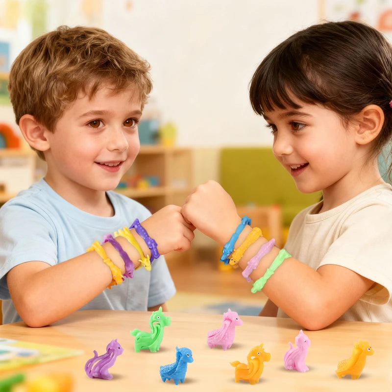 Two children are wearing colorful animal and dinosaur sensory stress bracelets while playing together.
