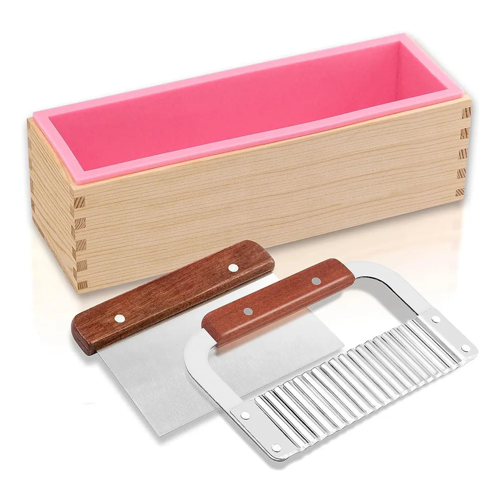 Complete Silicone Soap Making Mold Kit with Wooden Box and Stainless Steel Cutters