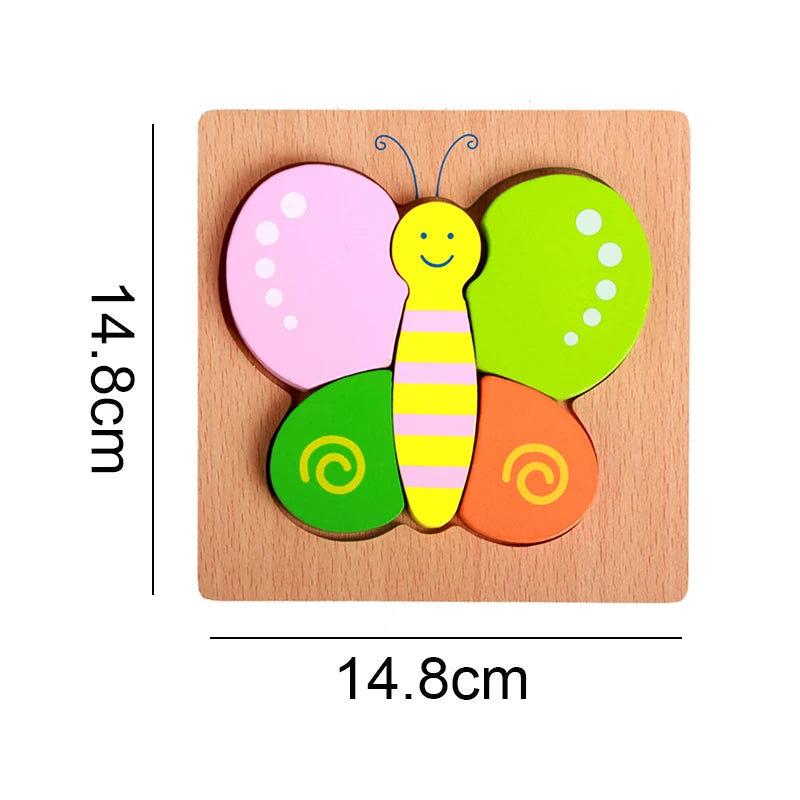 A wooden shape puzzle toy featuring a yellow and striped bee design with pink and green elements.