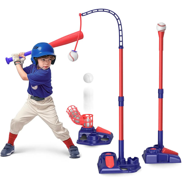 Joueur de baseball bleu frappant avec un tee rouge et lanceur pour l'entraînement des enfants.