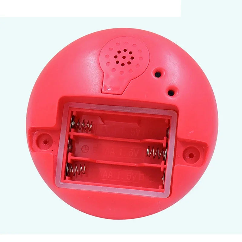 A bright red electronic toy featuring a battery compartment and a spray nozzle for water play.