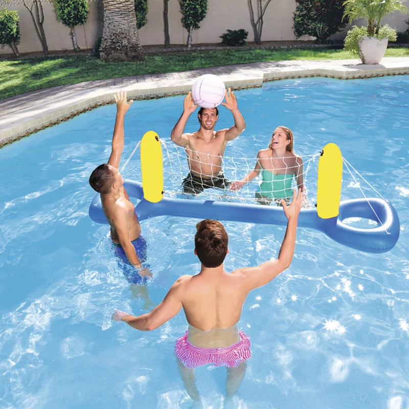 A family playing water volleyball in a pool using an inflatable net and ball set.