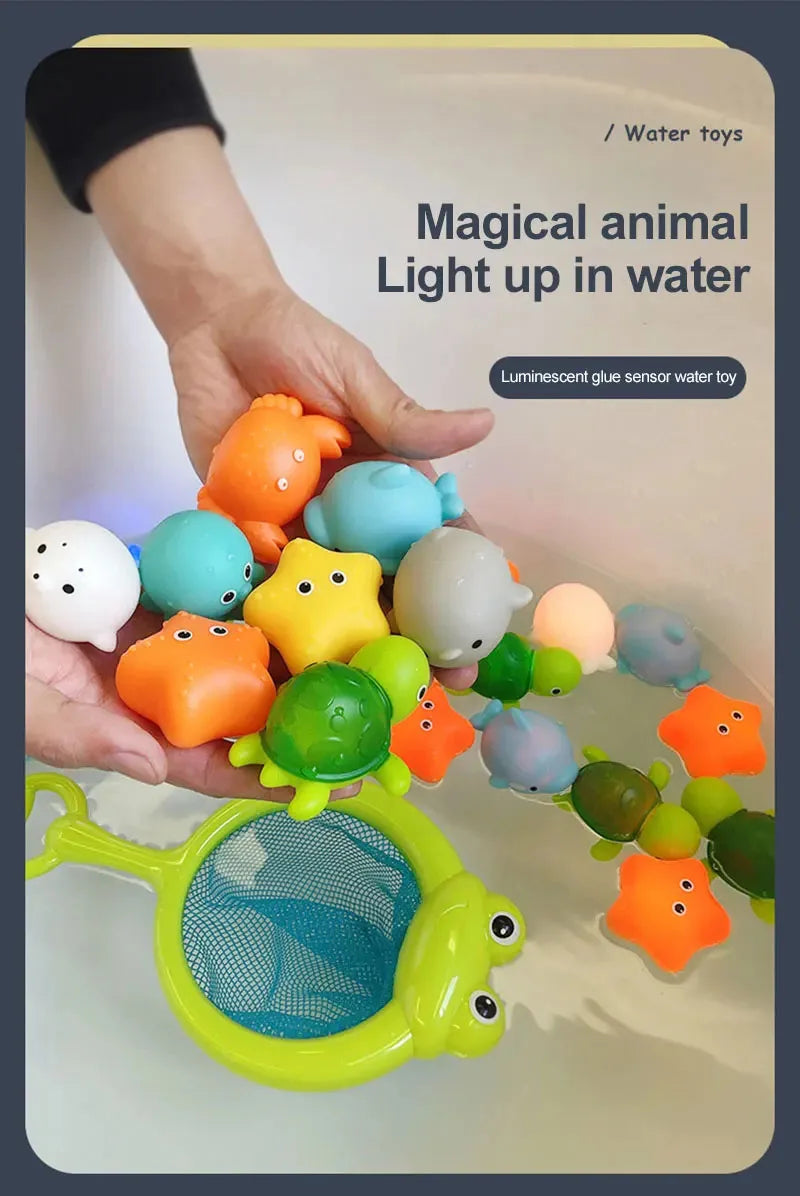 A hand places various colorful, light-up animal toys into water to show their magical glow.