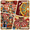 A collection of toys including a circus band, a rotating Ferris wheel, a themed funland park, a circling train, and a red and