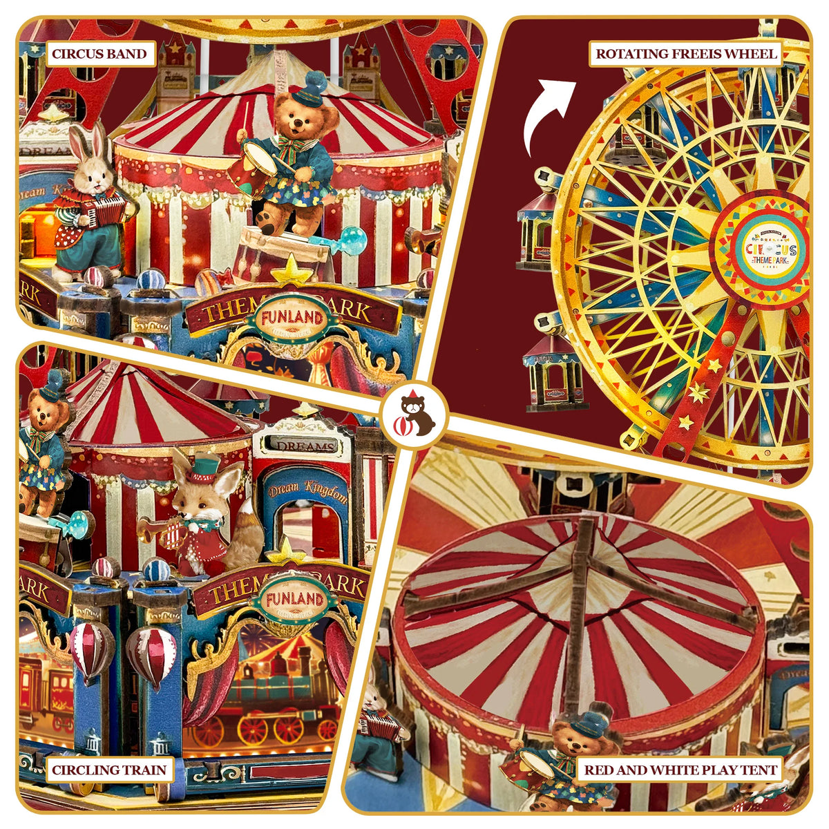 A collection of toys including a circus band, a rotating Ferris wheel, a themed funland park, a circling train, and a red and