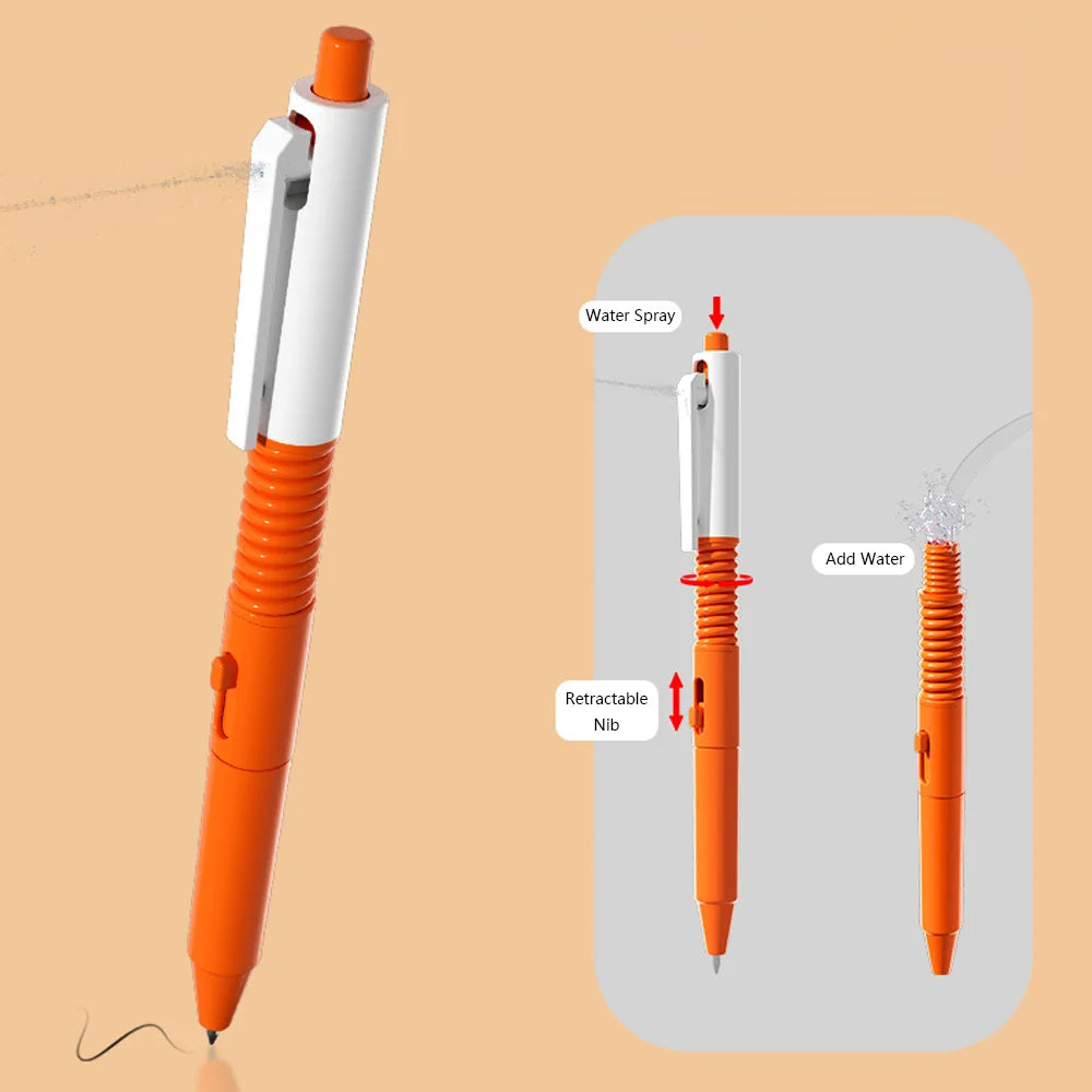 An orange and white squirt water spray pen is shown with a retractable nib, demonstrating how to add water.