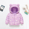 A purple cartoon-themed hooded puffer jacket for a child, displayed on a white background.