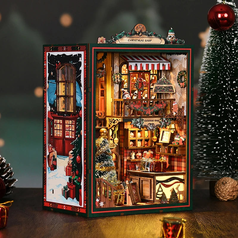 DIY Book Nook Kit – Christmas Shop Miniature Wooden Model with Lights