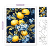 A painting by numbers kit featuring yellow lemons and blue flowers on a canvas.
