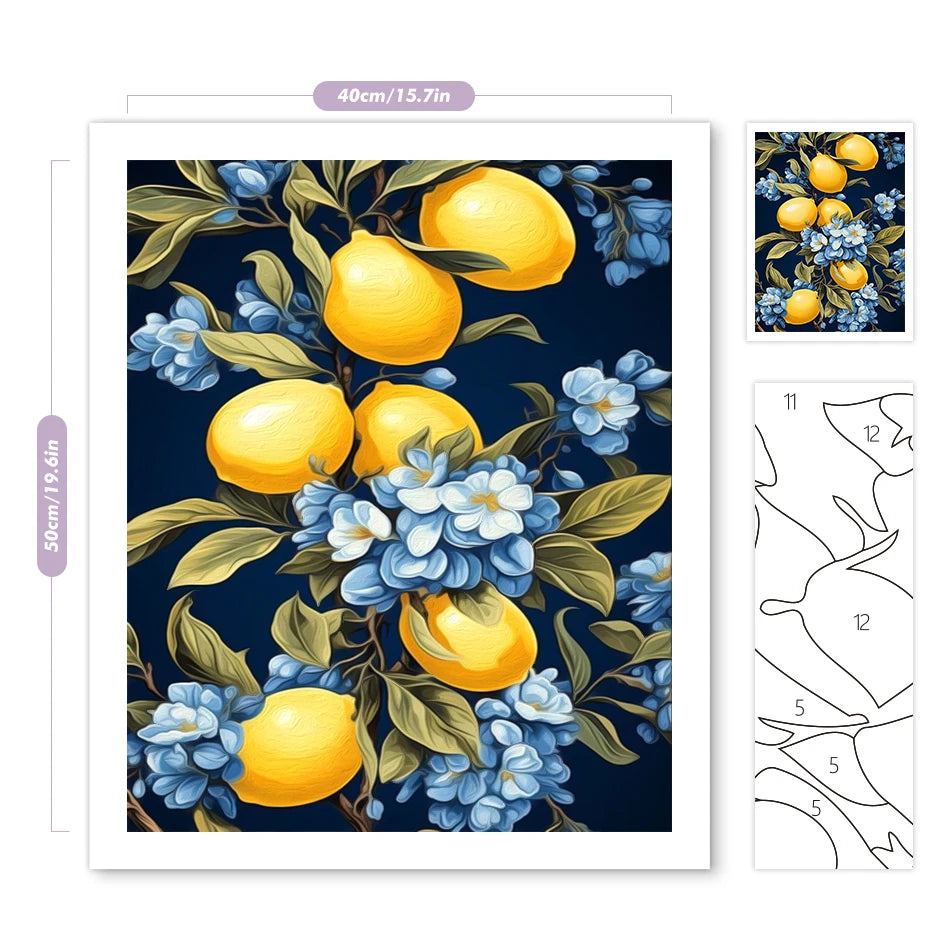 A painting by numbers kit featuring yellow lemons and blue flowers on a canvas.
