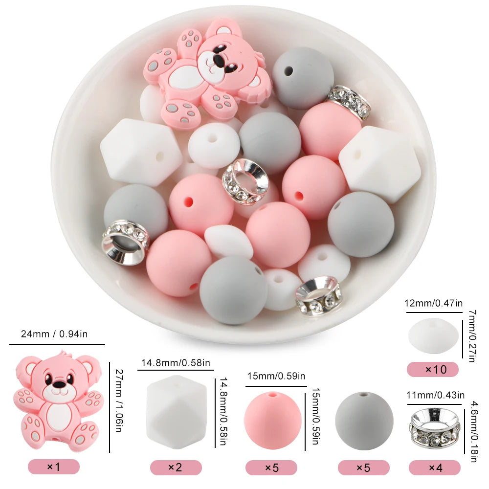 A variety of pink and gray cartoon animal silicone beads are displayed in a white bowl with usage counts.