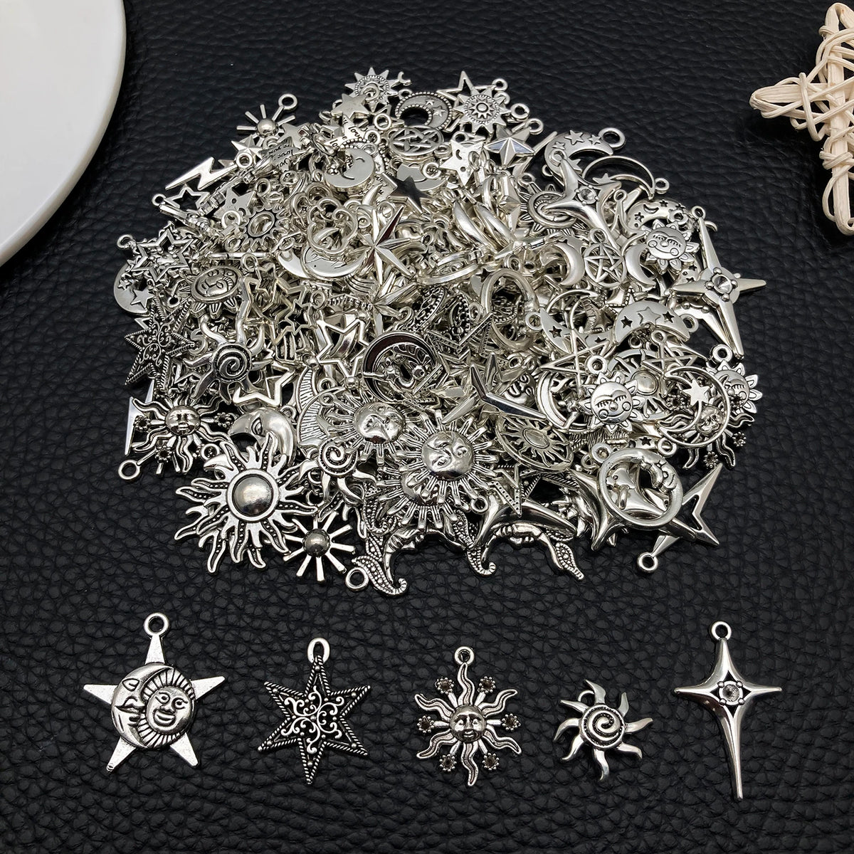 Celestial Charm Assortment – Vintage Silver Stars, Moons & Suns for Jewelry Making