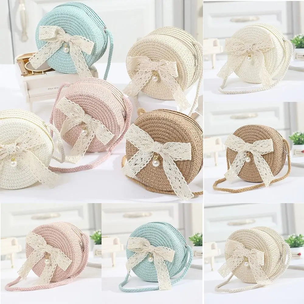 A collection of handwoven straw crossbody bags featuring delicate lace bows in various shades of beige, pink, and light blue.