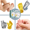 A set of 3D hand casting kits showing various molds and finished prints for baby footprints and couple keepsakes.
