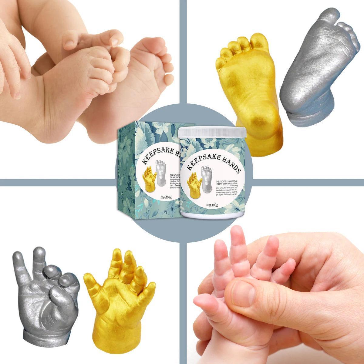 A set of 3D hand casting kits showing various molds and finished prints for baby footprints and couple keepsakes.