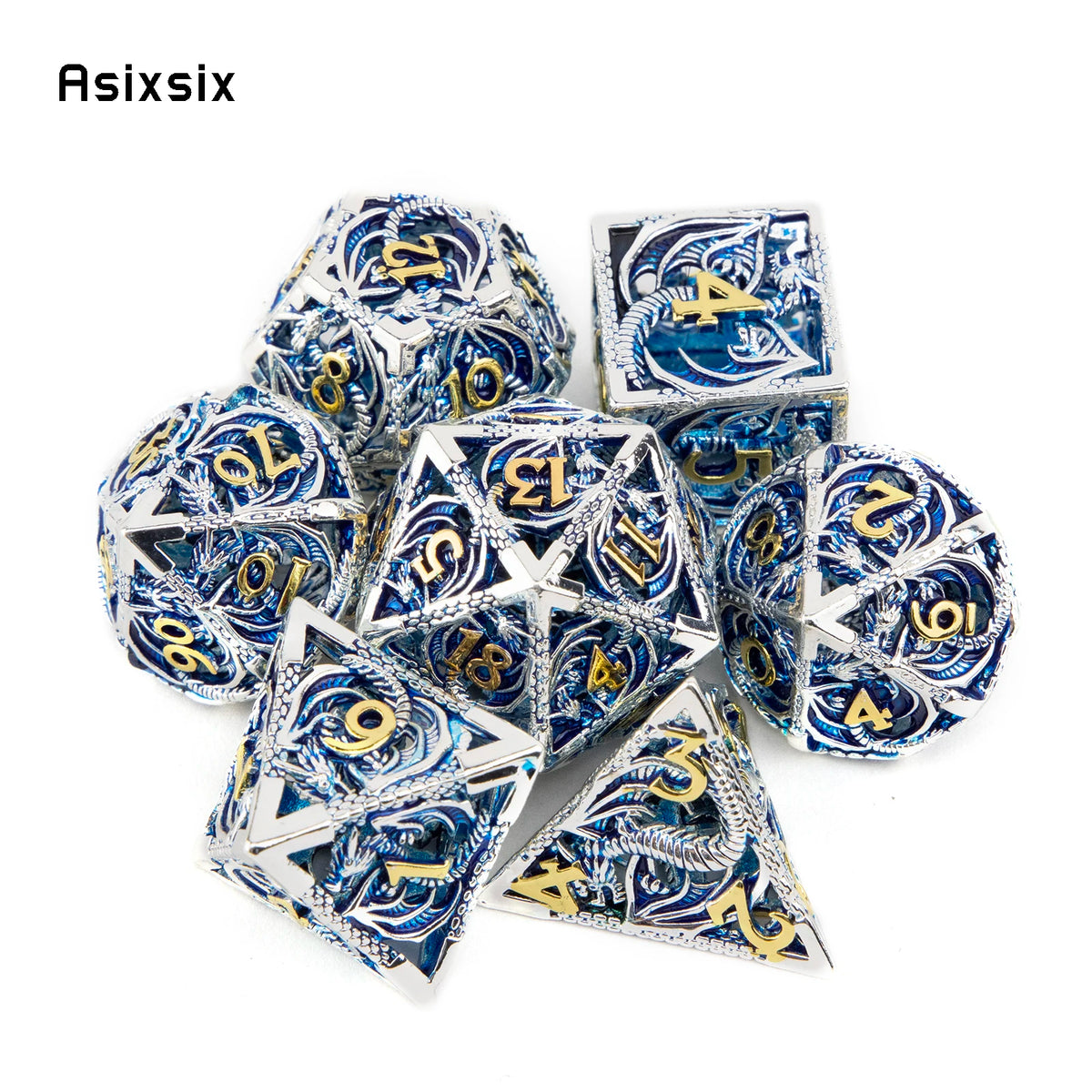 Hollow Metal Polyhedral Dice Set with Blue Dragon Design