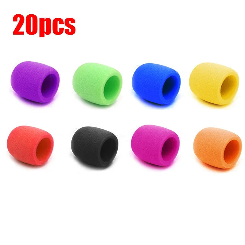 A pack of 20 colorful microphone windscreen foam covers in various colors like purple, green, blue, yellow, red, and black.
