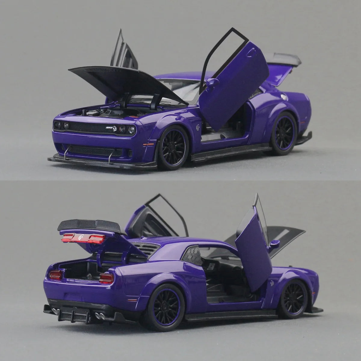 A purple Dodge Challenger SRT Hellcat diecast model car with the hood open.