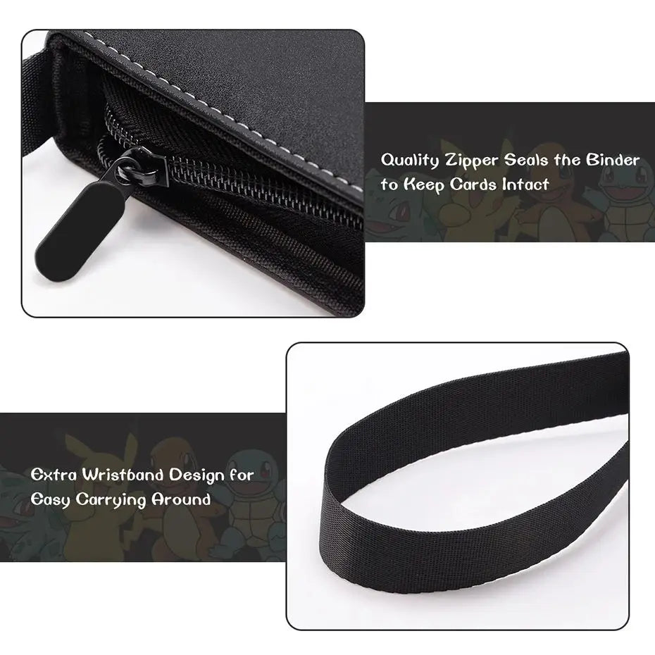 Black PU leather card binder with a zipper and an extra wristband design for easy carrying