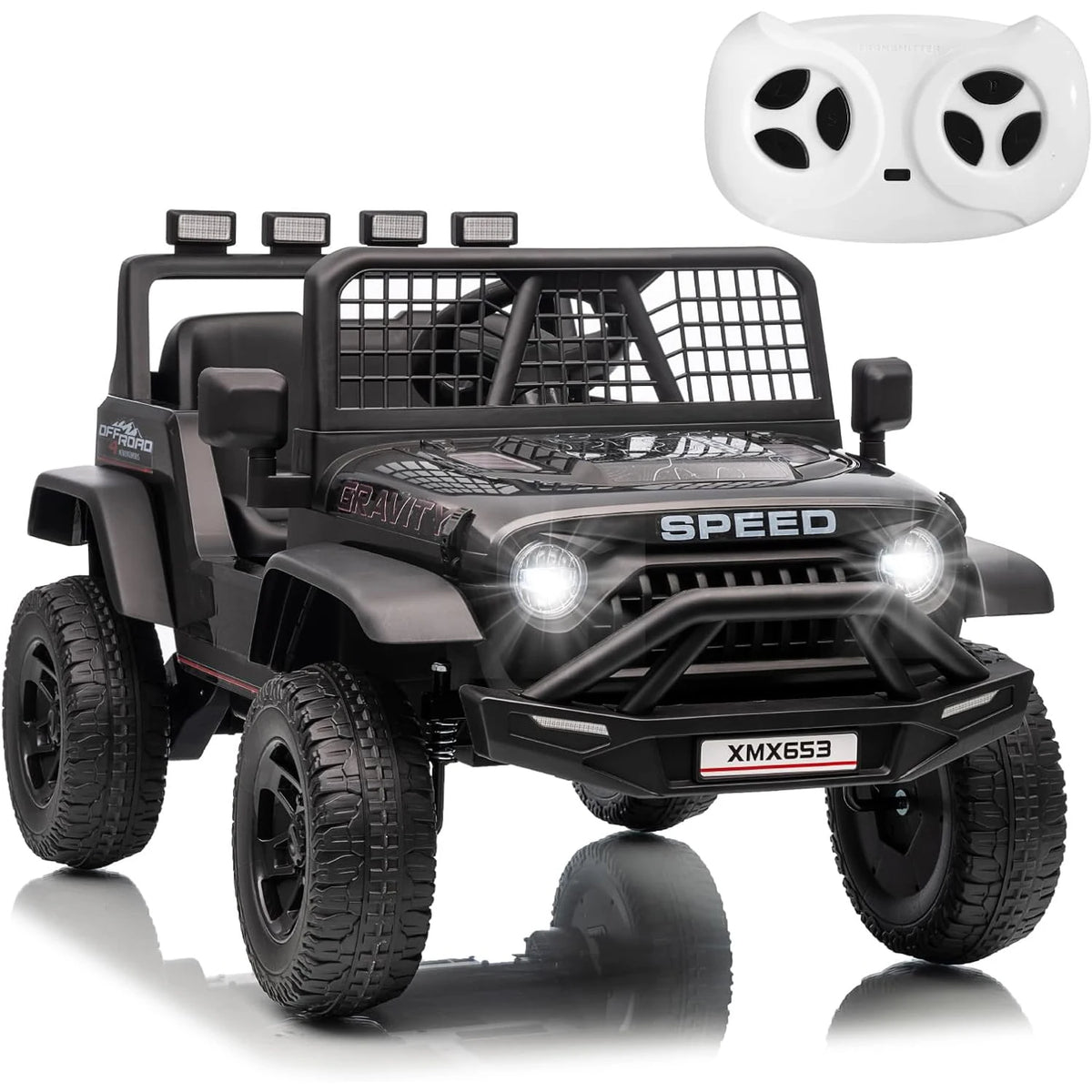 A black electric ride-on truck for kids with LED lights and a white parent remote.
