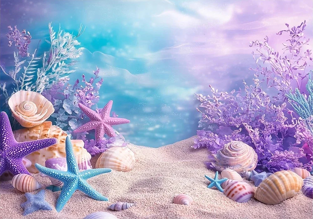 A collection of sea creatures and shells, including starfish and various seashells, arranged on sand with purple and blue flo