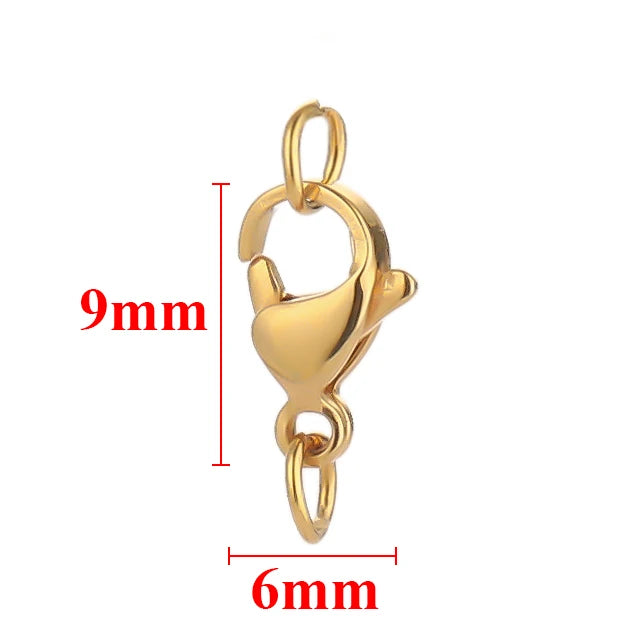 Gold-colored stainless steel lobster clasps and jewelry connectors set with 9mm and 6mm measurements