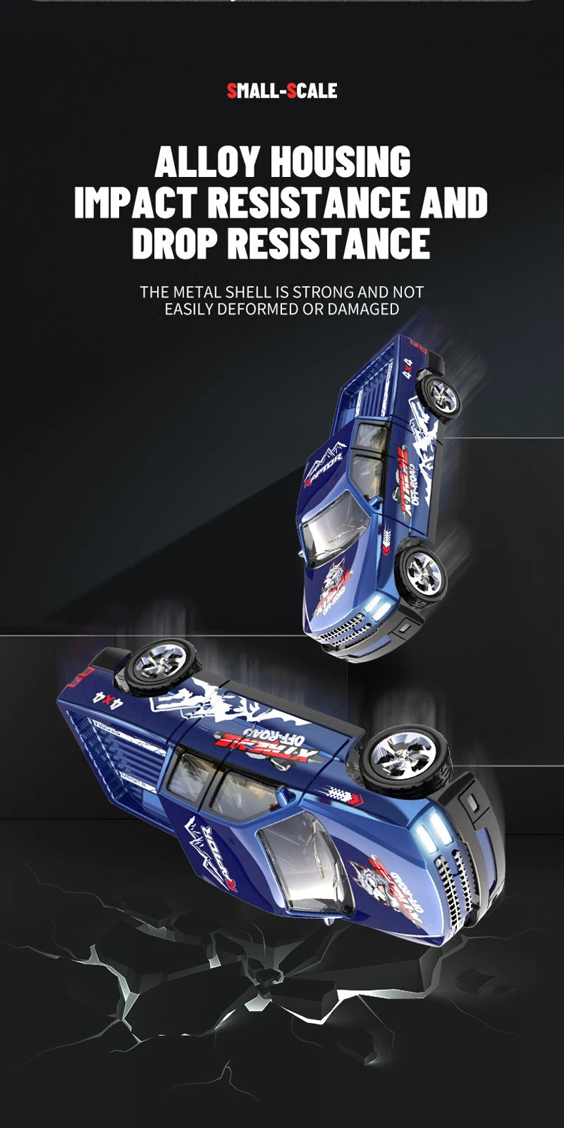 A blue alloy housing impact resistance and drop resistance mini RC car shown from above and the side.