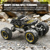 A black off-road RC car with large tires is shown on a rocky terrain.