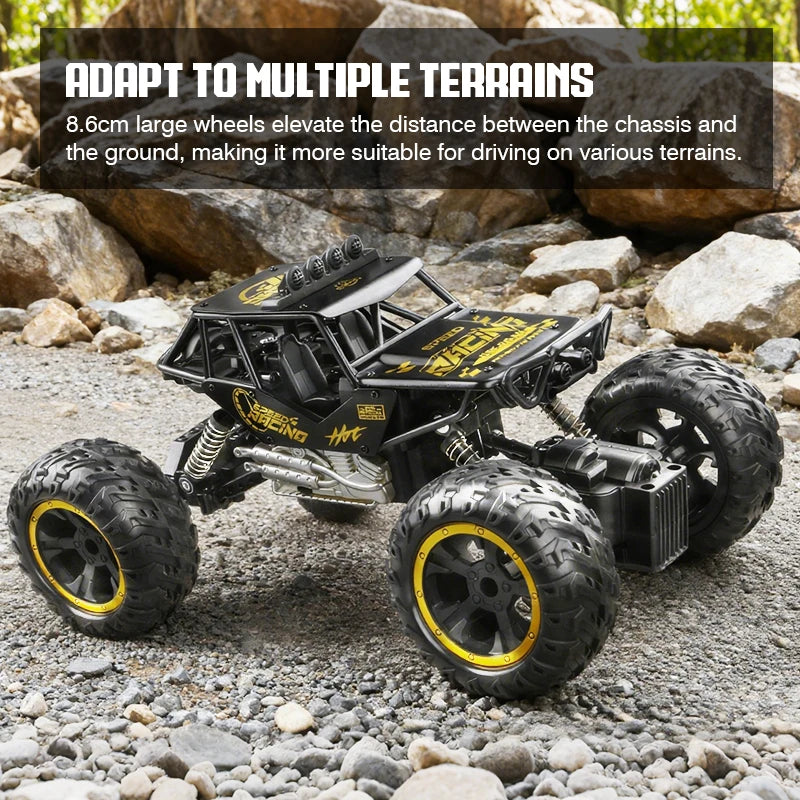 A black off-road RC car with large tires is shown on a rocky terrain.
