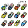 A collection of twelve diecast alloy racing cars in various colors and patterns.