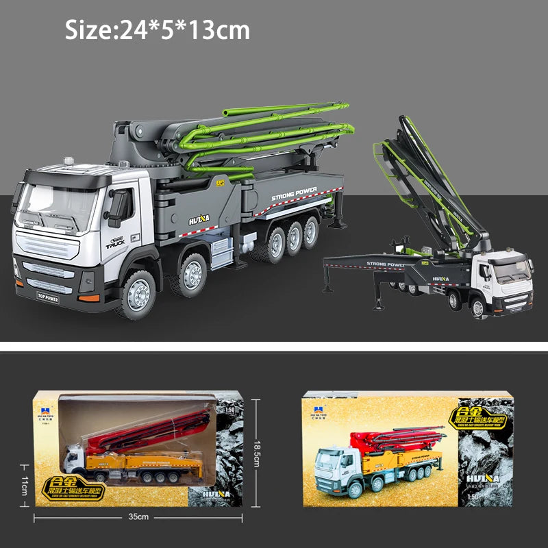 A die-cast toy excavator construction vehicle in gray and yellow, shown alongside its packaging.