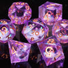 A collection of translucent purple liquid core dice, including d10s and d12s, displayed on a dark surface.