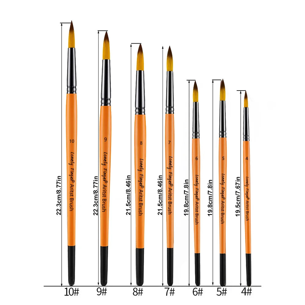 A set of ten round paint brushes with varying sizes and orange handles, shown vertically.