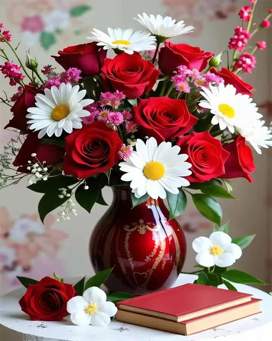 A vibrant floral paint by number kit featuring roses, sunflowers, and peonies arranged in a bouquet.