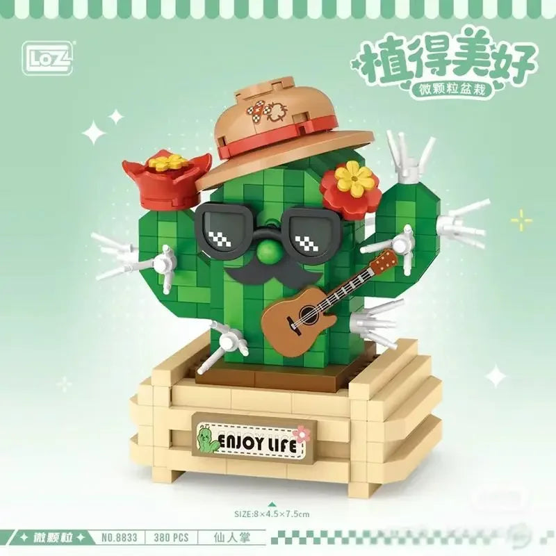 A green cactus building block set with a face, featuring a floral bouquet design.