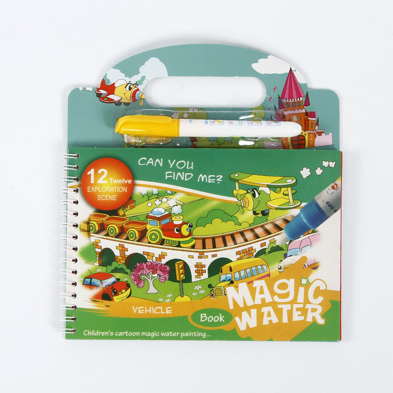 A colorful book featuring a vehicle and magic water painting scenes for toddlers.