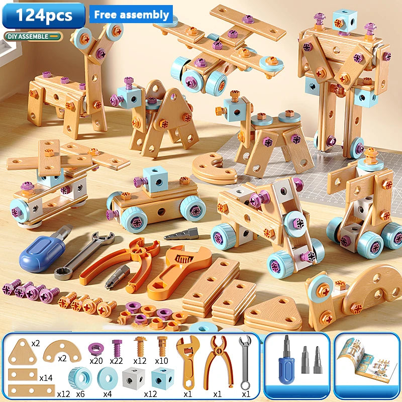 A collection of wooden nut hand disassembly puzzles and related components for kids