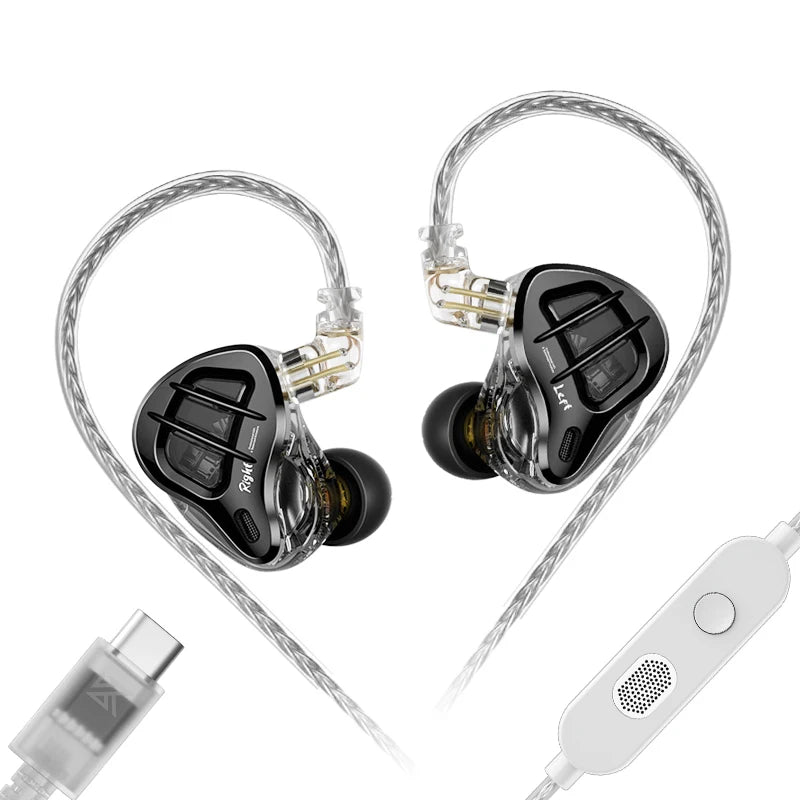 A pair of KZ ZAR Hybrid Driver in-ear monitors with detachable cables and a white adapter shown.
