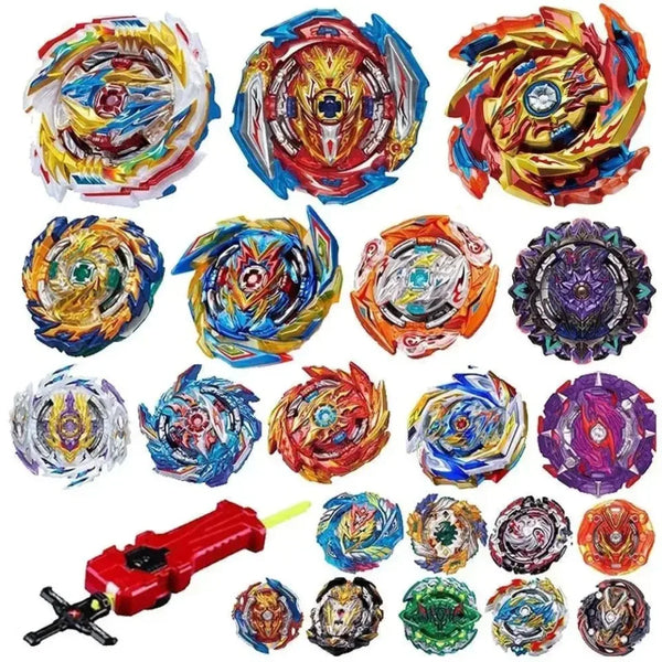 A collection of colorful spinning metal gyroscope toys in various shapes and colors.