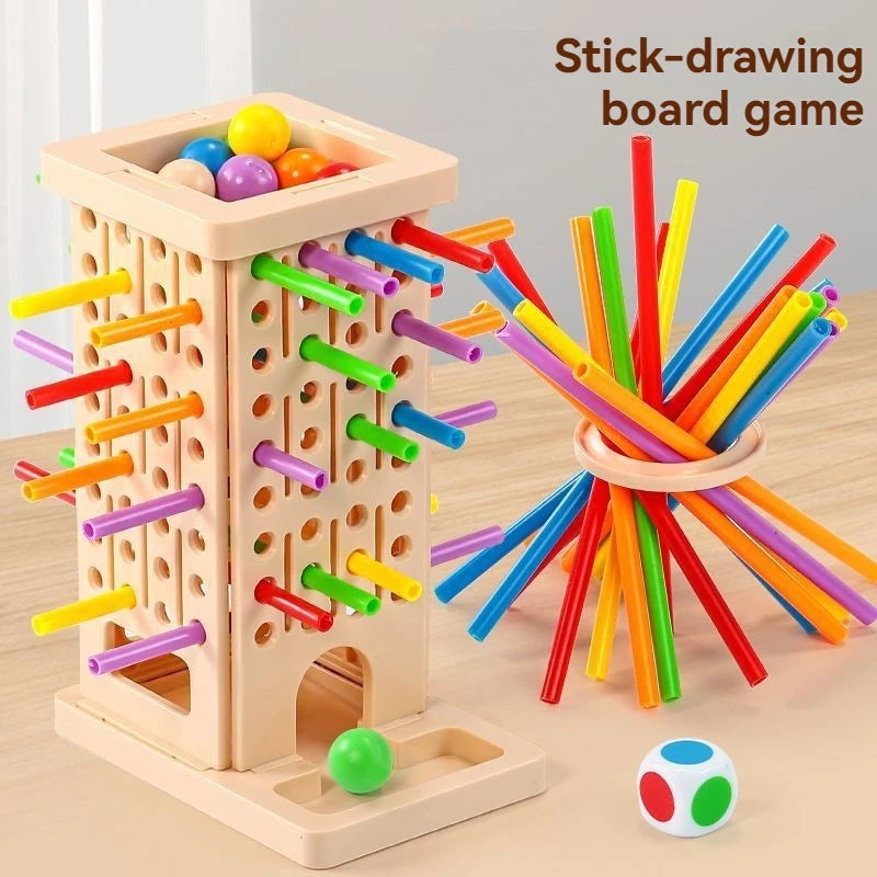A wooden stick-drawing board game featuring a tower structure and colored sticks.