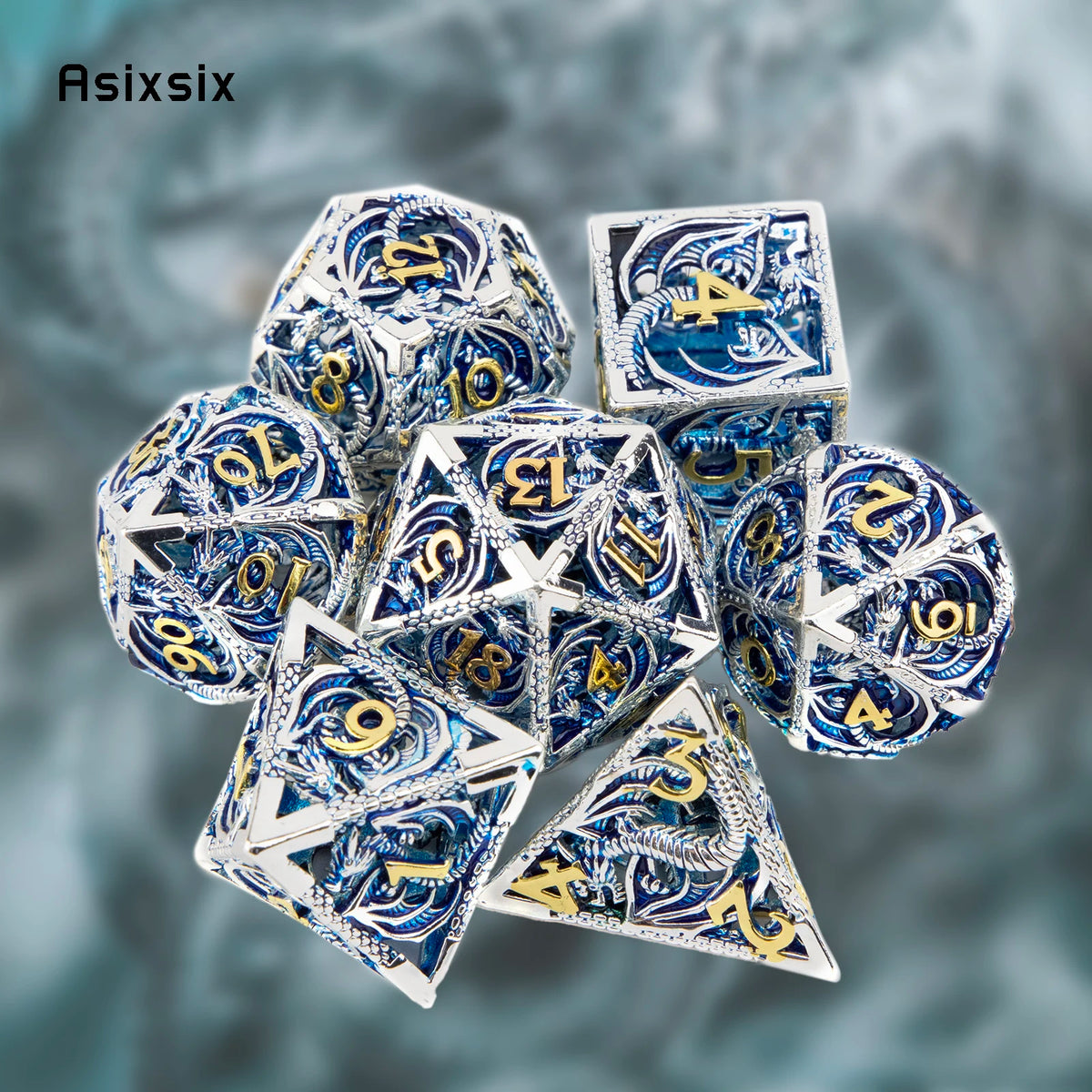Hollow Metal Polyhedral Dice Set with Blue Dragon Design