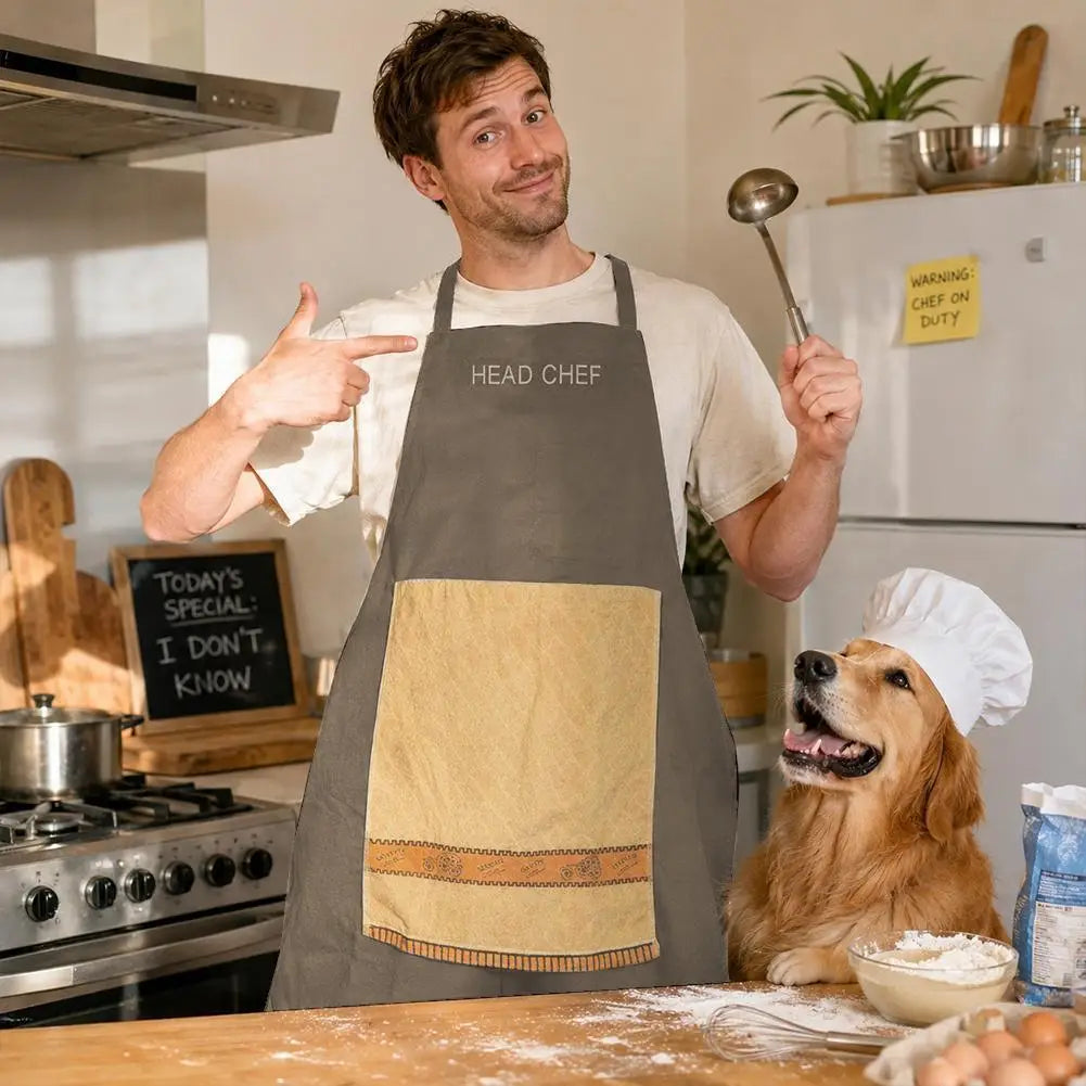 A man wearing a gray chef apron with a pocket is pointing, standing in a kitchen setting.